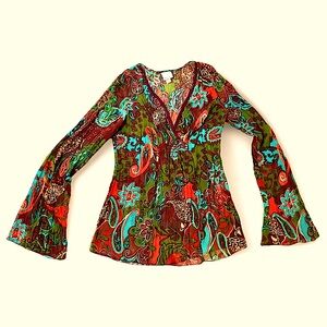 🦋XHILARATION🦋 PAISLEY FLORAL CRINKLE V-NECK LONG SLEEVE SEMI SHEER SMOCK TOP🦚